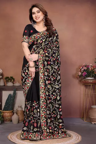 Black color vichitra silk fabric designer embroidery work graceful partywear saree