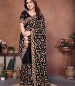 Black color vichitra silk fabric designer embroidery work graceful partywear saree
