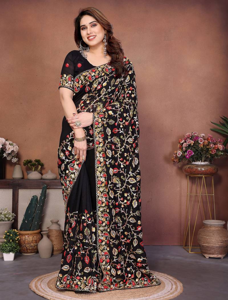 Black color vichitra silk fabric designer embroidery work graceful partywear saree