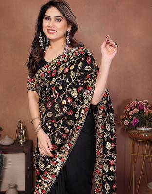 Black vichitra silk blend embroidery work graceful partywear saree 3