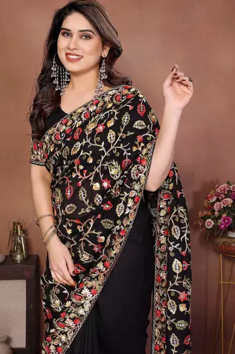 Black vichitra silk blend embroidery work graceful partywear saree
