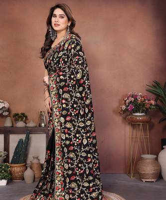 Black vichitra silk blend embroidery work graceful partywear saree 4