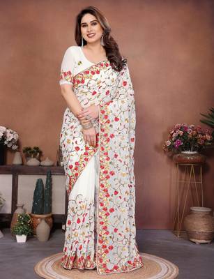 Off white georgette embroidery work graceful partywear saree 1