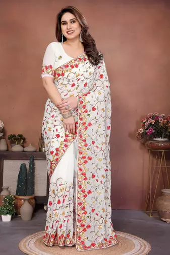 Off white color georgette fabric designer embroidery work graceful partywear saree