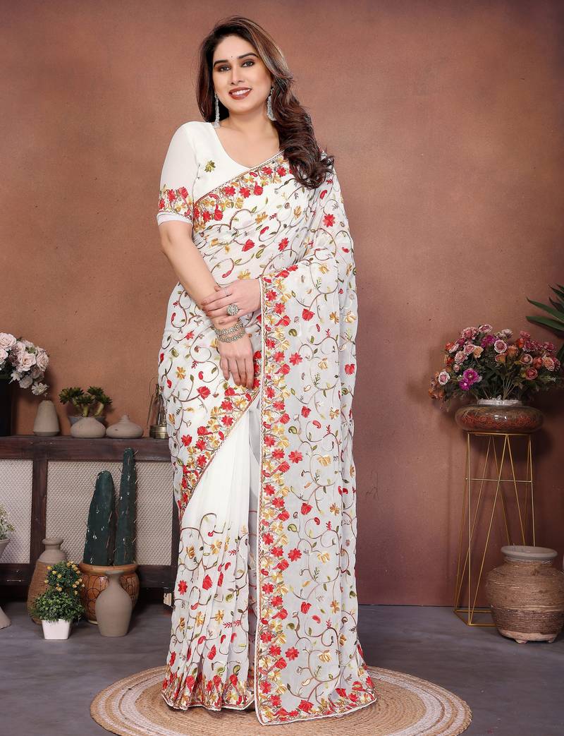 Off white color georgette fabric designer embroidery work graceful partywear saree