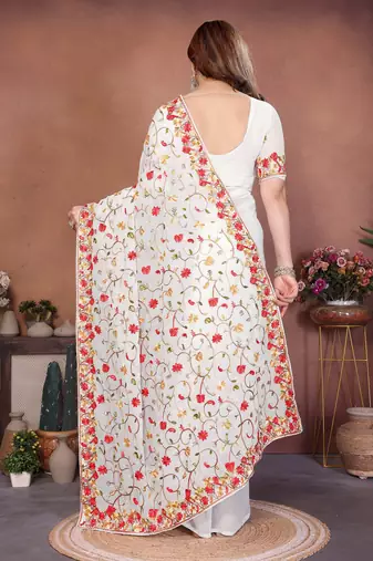 Off white georgette embroidery work graceful partywear saree