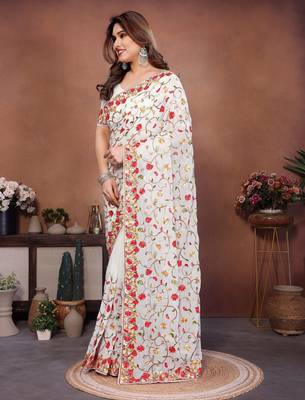 Off white georgette embroidery work graceful partywear saree 4