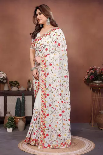 Off white georgette embroidery work graceful partywear saree