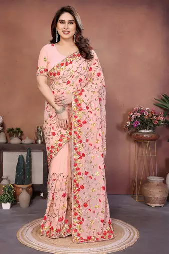 Peach color georgette fabric designer embroidery work graceful partywear saree