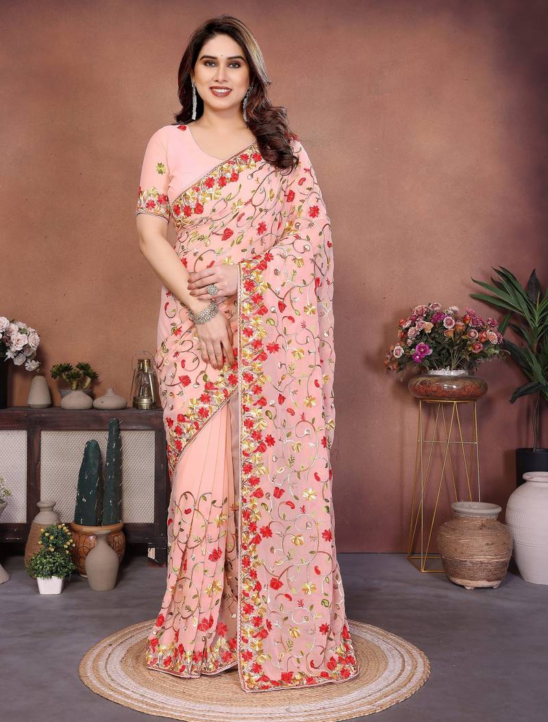 Peach color georgette fabric designer embroidery work graceful partywear saree