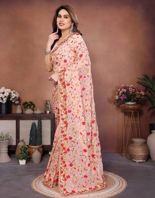 Peach georgette embroidery work graceful partywear saree 4