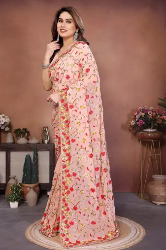Peach georgette embroidery work graceful partywear saree