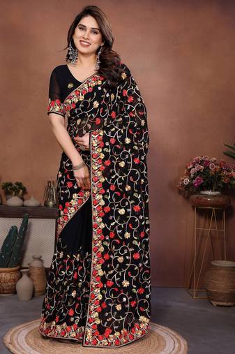 Black color georgette fabric designer embroidery work graceful partywear saree