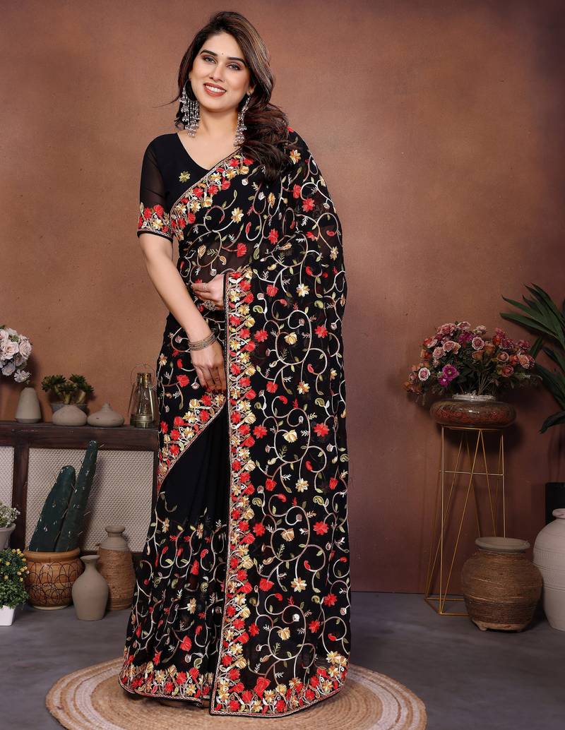 Black color georgette fabric designer embroidery work graceful partywear saree