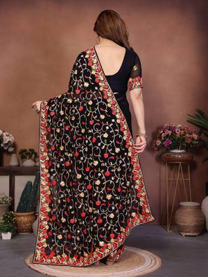 Black georgette embroidery work graceful partywear saree 2