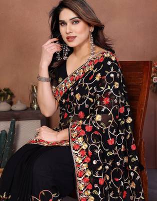 Black georgette embroidery work graceful partywear saree 3