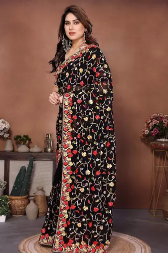 Black georgette embroidery work graceful partywear saree