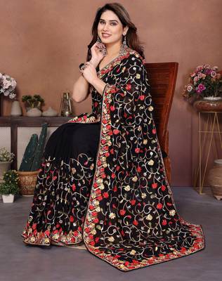 Black georgette embroidery work graceful partywear saree 5