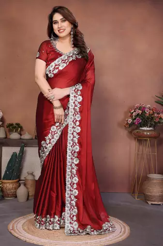 Maroon color rangoli silk fabric designer embroidery work ceremonial saree