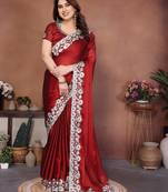 Maroon color rangoli silk fabric designer embroidery work ceremonial saree