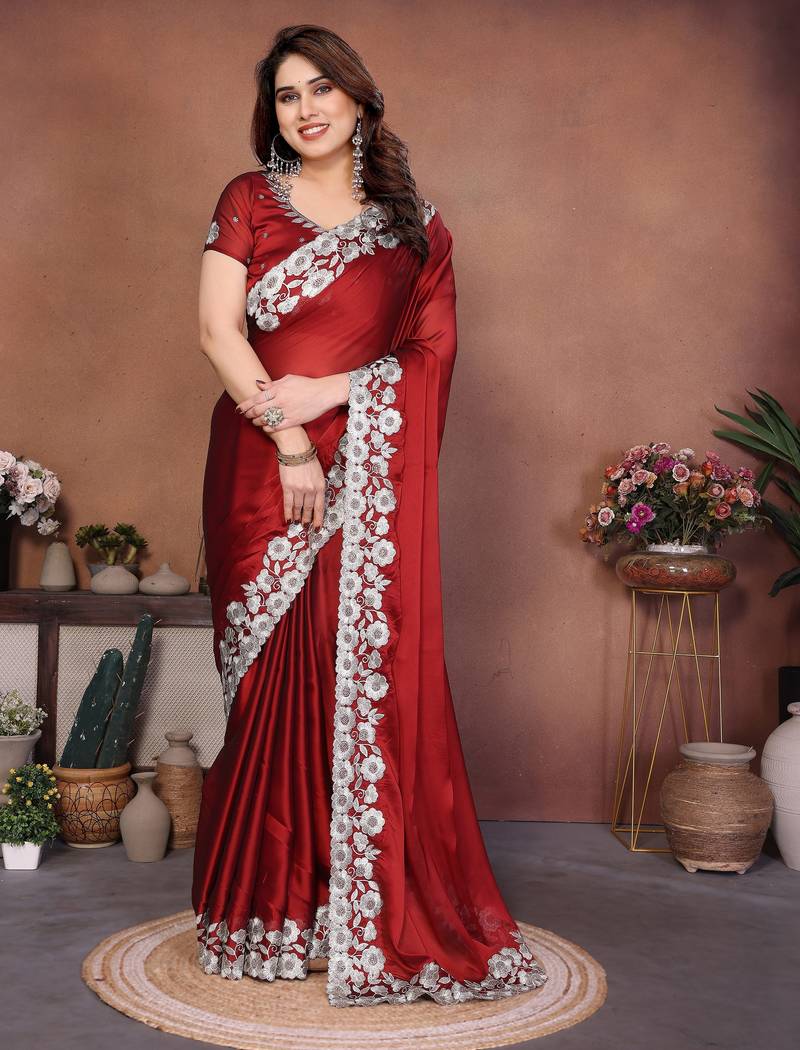 Maroon color rangoli silk fabric designer embroidery work ceremonial saree