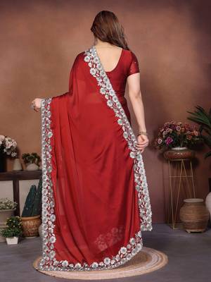 Maroon rangoli silk blend embroidery work ceremonial saree 2