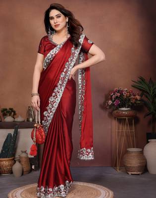 Maroon rangoli silk blend embroidery work ceremonial saree 4