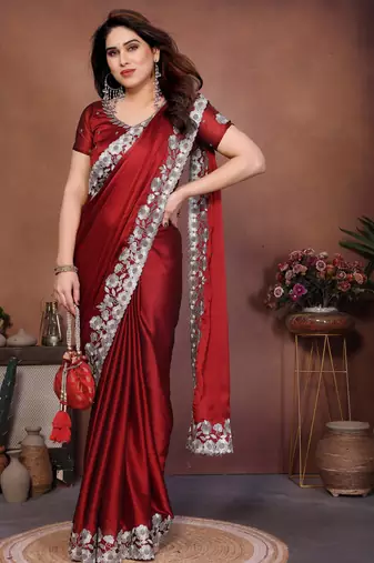 Maroon rangoli silk blend embroidery work ceremonial saree