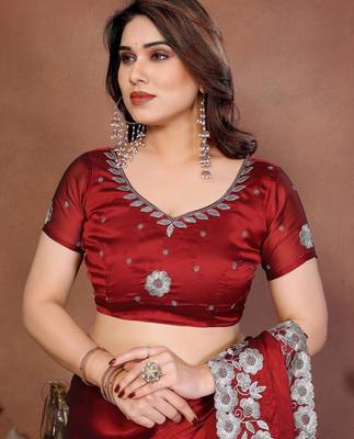 Maroon rangoli silk blend embroidery work ceremonial saree 5