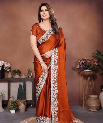 Rust rangoli silk blend embroidery work ceremonial saree 1