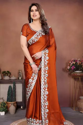 Rust color rangoli silk fabric designer embroidery work ceremonial saree