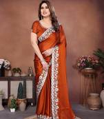 Rust color rangoli silk fabric designer embroidery work ceremonial saree