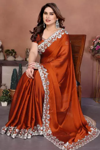 Rust rangoli silk blend embroidery work ceremonial saree