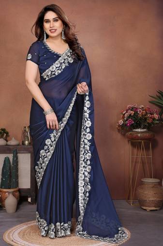 Blue color rangoli silk fabric designer embroidery work ceremonial saree