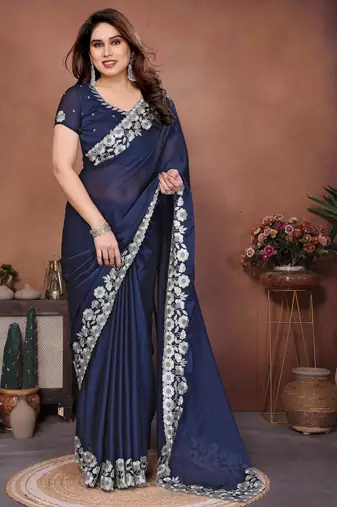 Blue color rangoli silk fabric designer embroidery work ceremonial saree