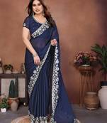 Blue color rangoli silk fabric designer embroidery work ceremonial saree