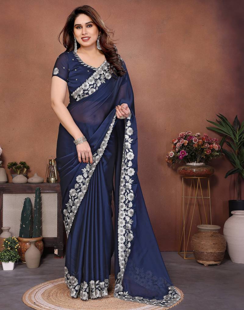 Blue color rangoli silk fabric designer embroidery work ceremonial saree