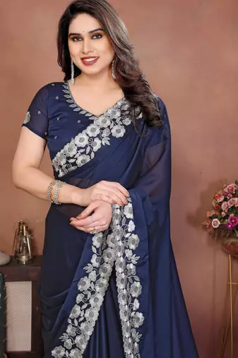 Blue rangoli silk blend embroidery work ceremonial saree