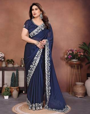 Blue rangoli silk blend embroidery work ceremonial saree 4