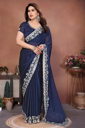 Blue rangoli silk blend embroidery work ceremonial saree