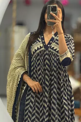 WOMEN unique zig-zag and tribal-inspired print cotton kurta with pant and dupatta 