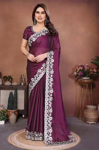 Wine color rangoli silk fabric designer embroidery work ceremonial saree