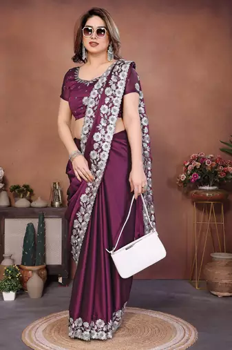 Wine rangoli silk blend embroidery work ceremonial saree