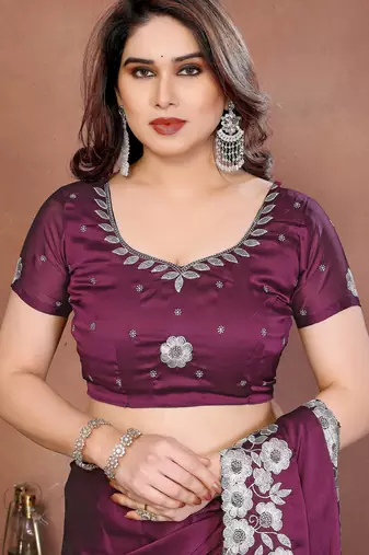 Wine rangoli silk blend embroidery work ceremonial saree