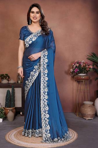 Firozi color rangoli silk fabric designer embroidery work ceremonial saree