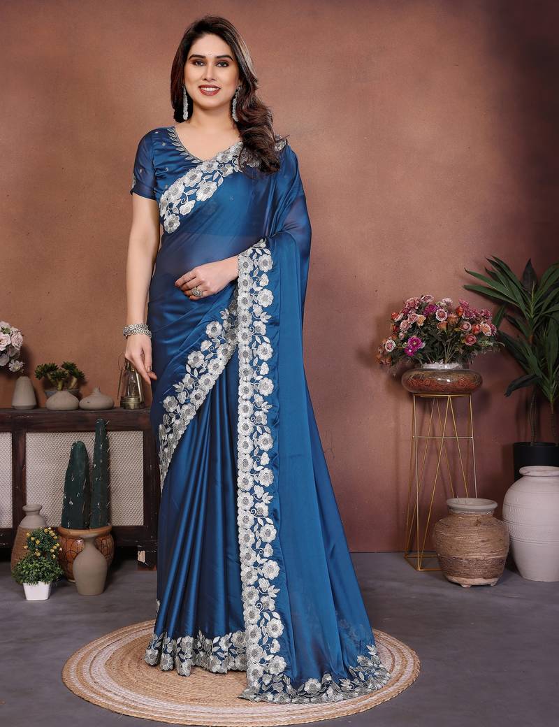 Firozi color rangoli silk fabric designer embroidery work ceremonial saree
