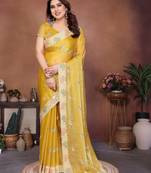 Yellow color fendy chiffon fabric stylish bollywood style saree