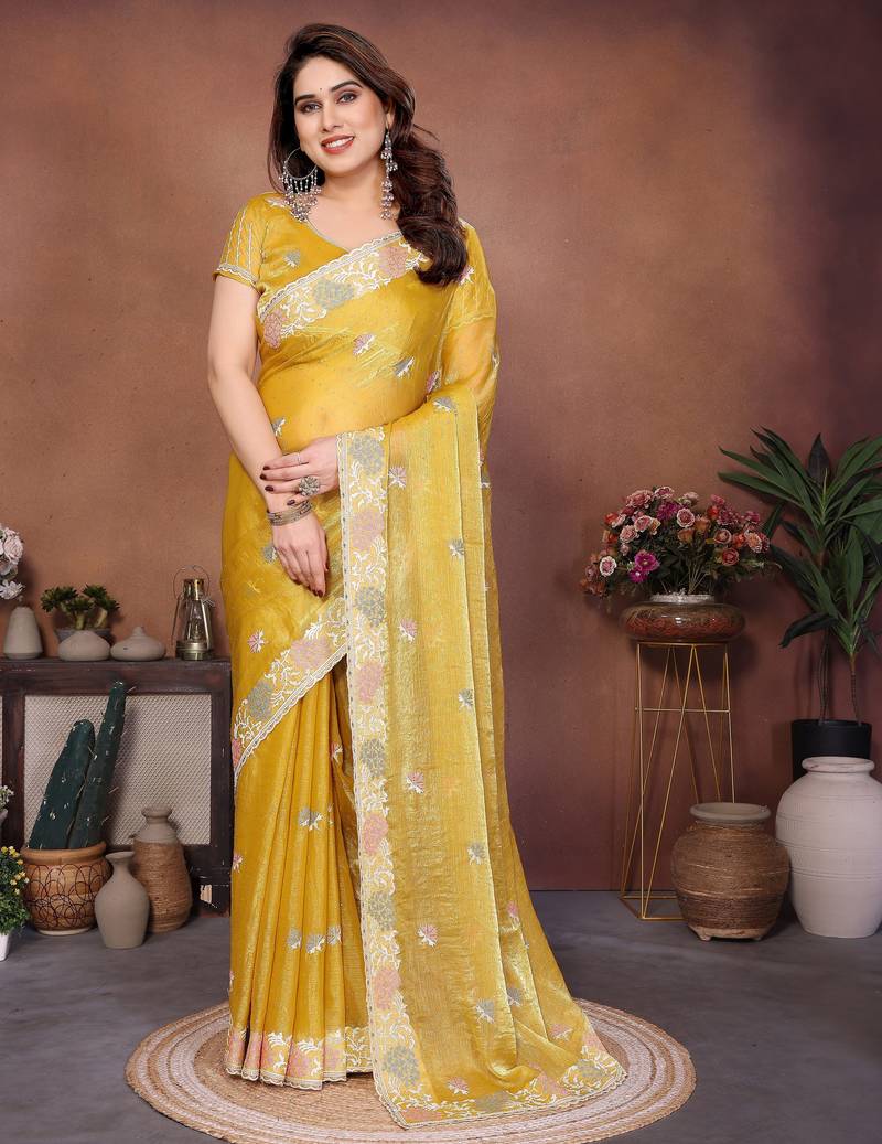 Yellow color fendy chiffon fabric stylish bollywood style saree
