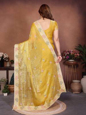 Yellow chiffon stylish style saree 2