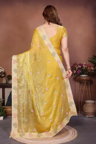 Yellow chiffon stylish style saree